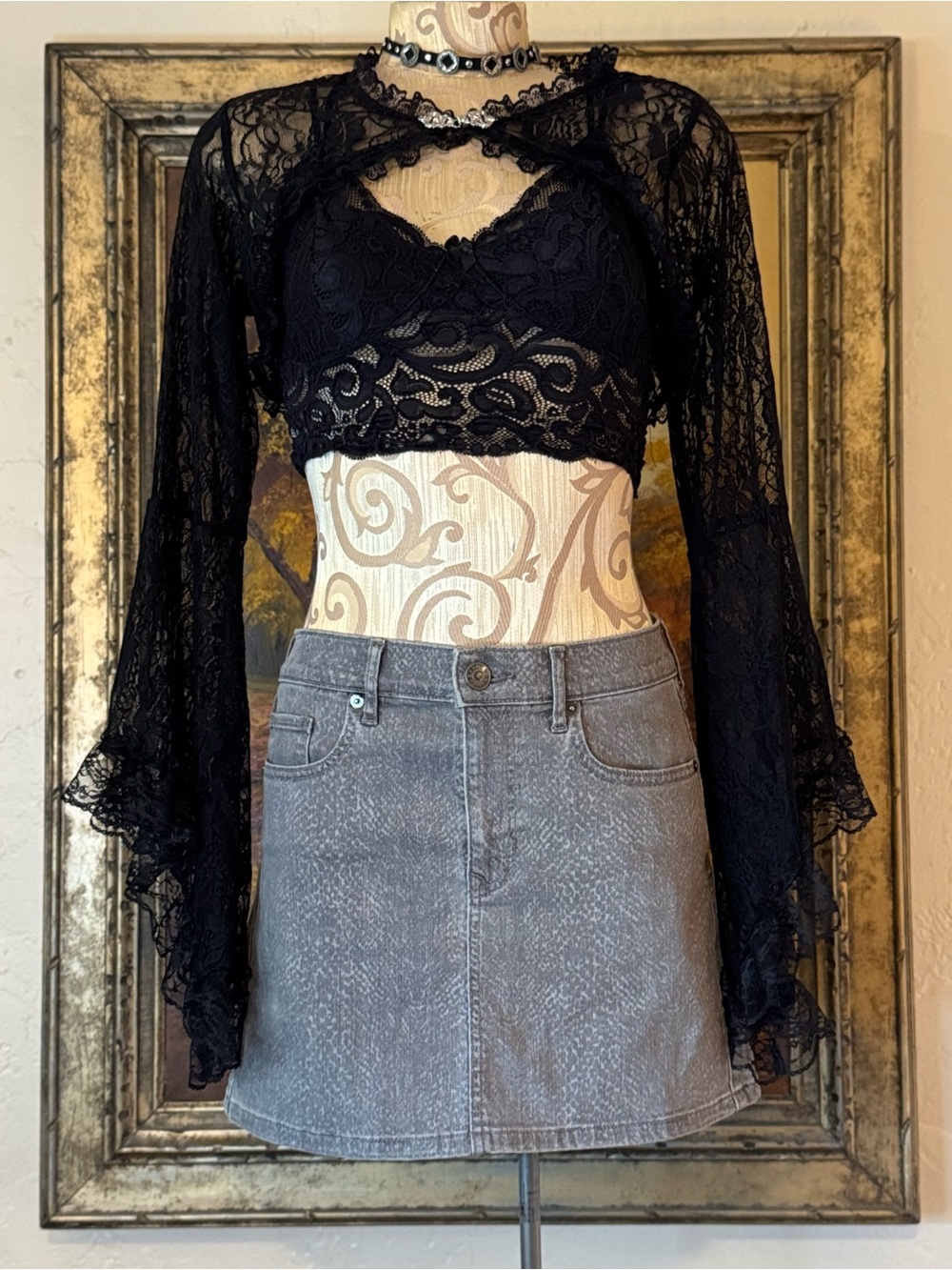 Gray Express snakeskin denim skirt